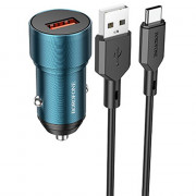 Блок питания автомобильный 1 USB Borofone BZ19A, Wisdom, 18Вт, QC3.0, кабель Type-C, цвет: синий