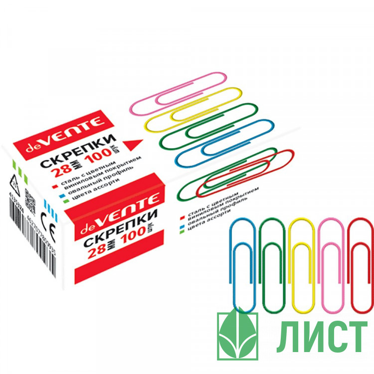 Скрепки винил. 28мм овальные 100шт/уп. deVENTE цветные арт.4135324