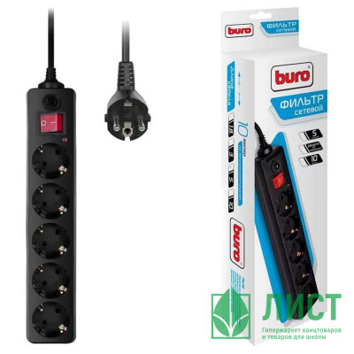 Сетевой фильтр BURO 500SH-5-B, 5м, 5 розеток черный Сетевой фильтр BURO 500SH-5-B, 5м, 5 розеток черный