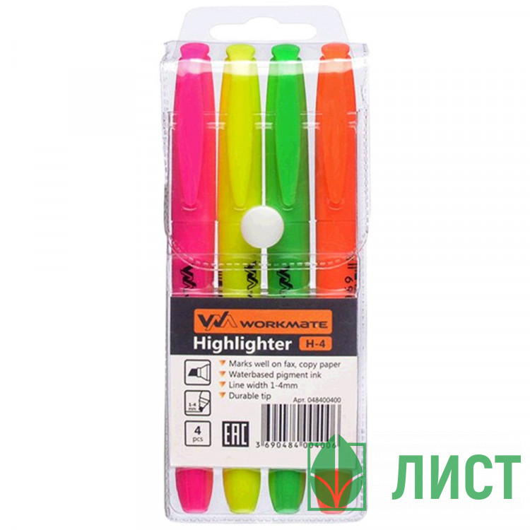 Набор текстовыделителей  Workmate H-4 1-4мм 4шт желт/зел/оранж/роз