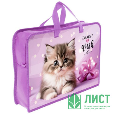Сумка пластик А4 (Оникс) на молнии ручка-тесьма арт ПТ-14-4 Котик в горошках широкая боковинка Сумка пластик А4 (Оникс) на молнии ручка-тесьма арт ПТ-14-4 Котик в горошках широкая боковинка