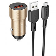 Блок питания автомобильный 1 USB Borofone BZ19A, Wisdom, 18Вт, QC3.0, кабель микро USB, цвет: золотой
