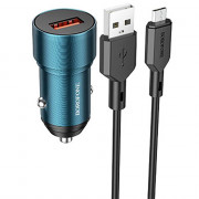 Блок питания автомобильный 1 USB Borofone BZ19A, Wisdom, 18Вт, QC3.0, кабель микро USB, цвет: синий
