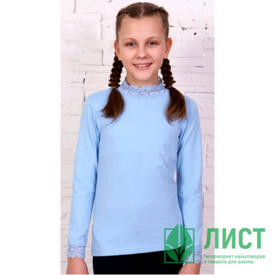 Джемпер для девочки трикотажный (Ликру) длинный рукав цвет голубой арт.0066 Агата размерный ряд 32/128-40/158 Джемпер для девочки трикотажный (Ликру) длинный рукав цвет голубой арт.0066 Агата размерный ряд 32/128-40/158