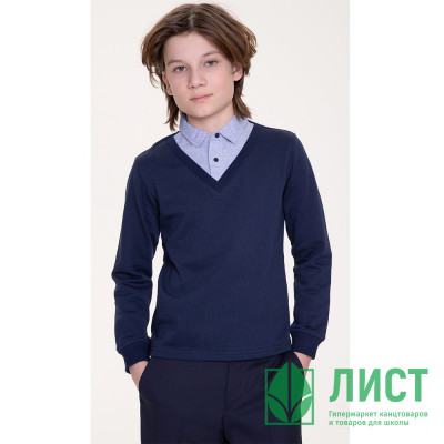 Джемпер-обманка для мальчика (BROSTEM) арт.SW204-150 размерный ряд 34/128-46/164 цвет темно-синий с голубым воротом Джемпер-обманка для мальчика (BROSTEM) арт.SW204-150 размерный ряд 34/128-46/164 цвет темно-синий с голубым воротом