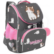 Ранец для девочек школьный (Grizzly) арт.RAm-384-9/1 серый с мешком 25х33х13 см