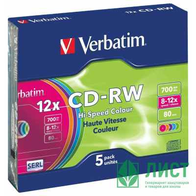Диск CD-RW Verbatim 700Mb 80min 12х Slim Case, 5 шт., ШТУКА Диск CD-RW Verbatim 700Mb 80min 12х Slim Case, 5 шт., ШТУКА