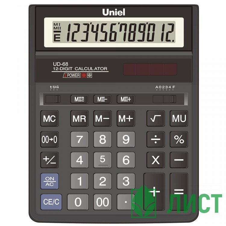 Калькулятор настольный 12 разрядов, двойное питание UNIEL 203*158*30,5 (UD-68)  (Ст.1)