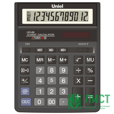 Калькулятор настольный 12 разрядов, двойное питание UNIEL 203*158*30,5 (UD-68)  (Ст.1) Калькулятор настольный 12 разрядов, двойное питание UNIEL 203*158*30,5 (UD-68)  (Ст.1)