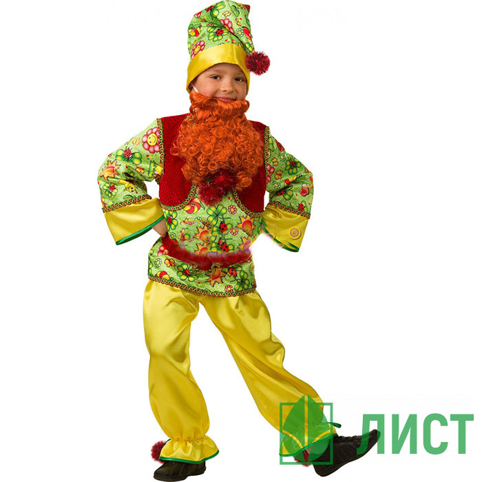 Костюм для мальчика Гномик сказочный (рубаха,жилет,брюки,колпак,пояс, борода) р.26/104-38/146 арт.5204