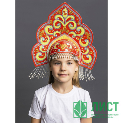 Кокошник детский "Русская красавица" цв,красн/желтый, бахрома, стразы, бусины б/р арт.1116 к-24 Кокошник детский "Русская красавица" цв,красн/желтый, бахрома, стразы, бусины б/р арт.1116 к-24
