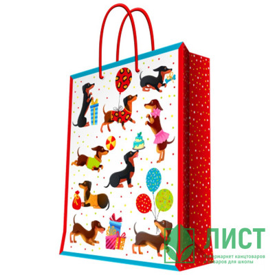 Пакет подароч. бумаж. 26*32,4см &quot;Такса с подарками и шарами&quot; арт.90152 Пакет подароч. бумаж. 26*32,4см "Такса с подарками и шарами" арт.90152