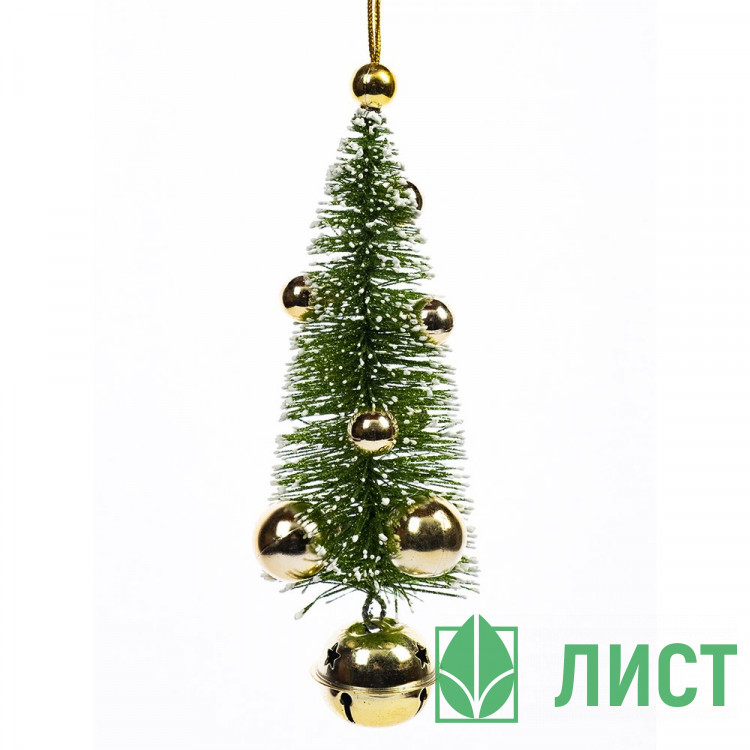 Украшение декор.подвеска металл/пластик. "Ёлочка с бубенчиком" 19,5*7см цв.зелен/золото арт.91022