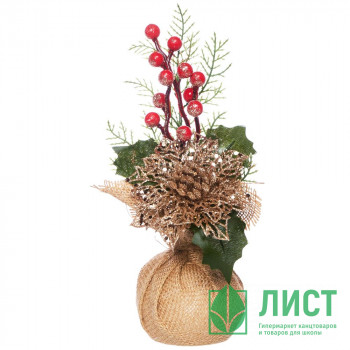 Композиция новогодняя настольная в мешке &quot;Пуансеттия&quot; 9*11,5*26см арт.92403 Композиция новогодняя настольная в мешке "Пуансеттия" 9*11,5*26см арт.92403