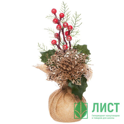 Композиция новогодняя настольная в мешке &quot;Пуансеттия&quot; 9*11,5*26см арт.92403 Композиция новогодняя настольная в мешке "Пуансеттия" 9*11,5*26см арт.92403