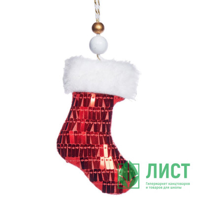Украшение декор.подвесное текстиль/платик/дерево &quot;Носок&quot; 10см цв.красный арт.92363 Украшение декор.подвесное текстиль/платик/дерево "Носок" 10см цв.красный арт.92363
