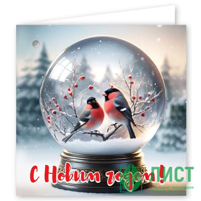 Бирка-открытка &quot;С Новым годом!&quot; снегири 7*7см арт.9201619 Бирка-открытка "С Новым годом!" снегири 7*7см арт.9201619