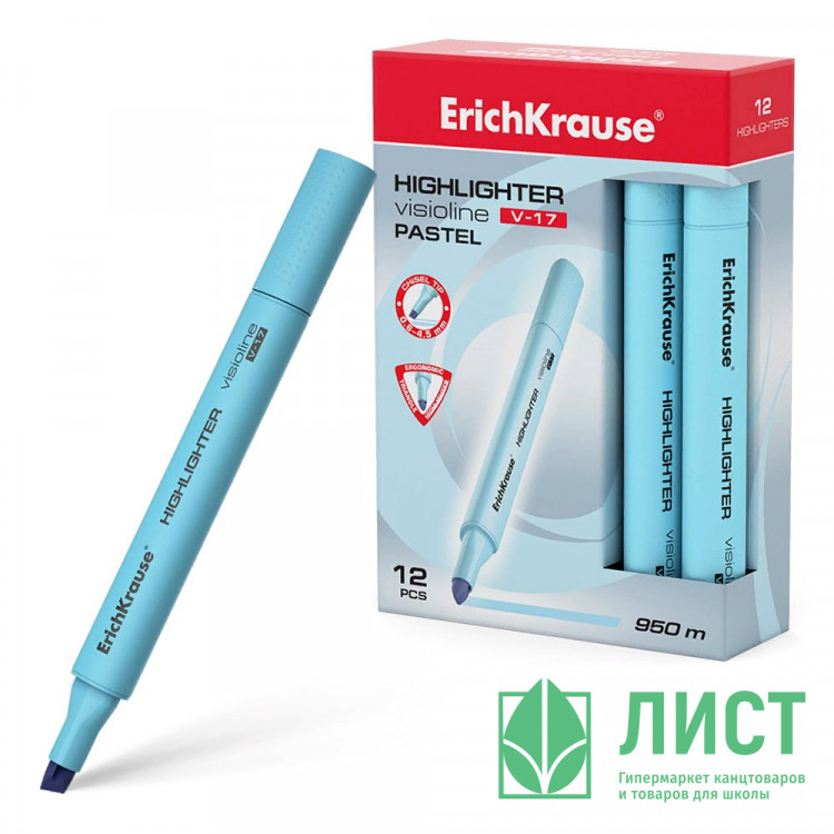 Текстовыделитель  ErichKrause Visioline V-17 Пастель (Pastel) скош. голубой арт.56022 (Ст.12)