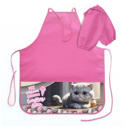 Фартук для детского творчества Оникс арт ФН-41-1 тонкий с 2 карманами, с нарукавниками Серый котик 535*445 мм