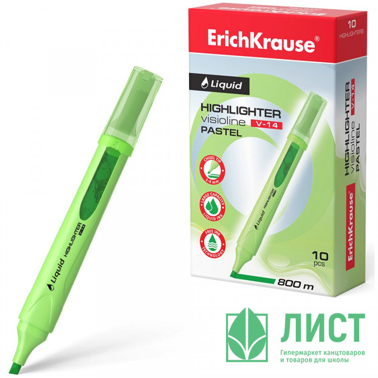 Текстовыделитель  ErichKrause Visioline V-14 Пастель (Pastel) 0,6-4мм скош. зеленый арт.56024 (Ст.10)