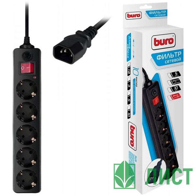 Сетевой фильтр BURO 500SH-1.8-В, 1.8м, 5 розеток черный