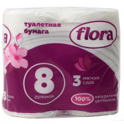 Бумага туалетная 3-слоя втулка 8рулона в упаковке 15м белая Флора (Ст.6)