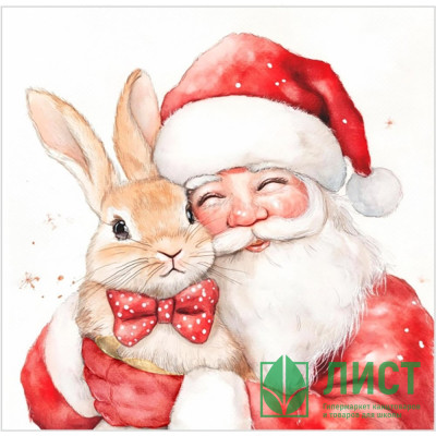 Салфетки бумажные 33*33см 3 слоя 20шт/уп. Bouquet &quot;Дед Мороз с кроликом&quot; арт.25431 Салфетки бумажные 33*33см 3 слоя 20шт/уп. Bouquet "Дед Мороз с кроликом" арт.25431