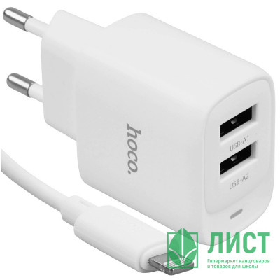 Зарядное устройство сетевое 2USB + кабель MicroUSB HOCO C141A Smart, белый Зарядное устройство сетевое 2USB + кабель MicroUSB HOCO C141A Smart, белый